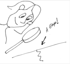 Cartoon drawing of a woman looking through a magnifying glass to see a crack in a substance below her, captioned "A Gap!"