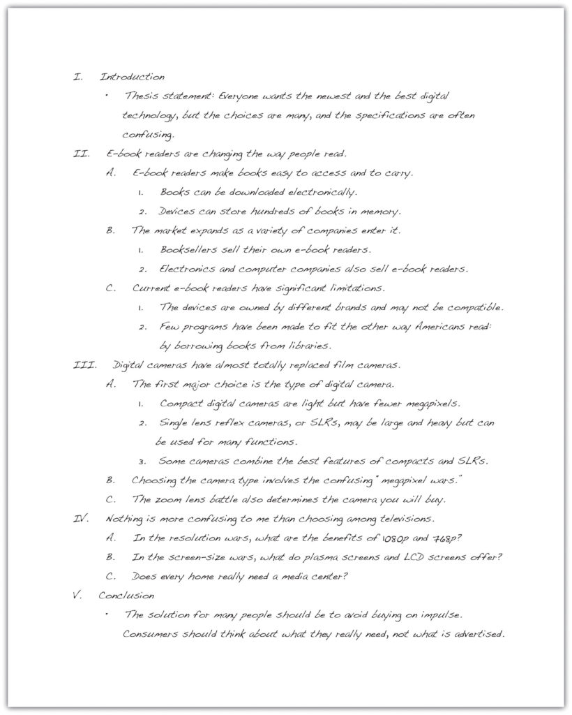 The same outline as seen previously on the page, but this time with complete sentences rather than just phrases