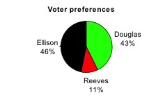 Pie Chart labeled Voter preferences. Almost half the left side is black (labeled Elison, 46%), Most of the right is green (labeled Douglas, 43%), and a small portion near the bottom is red (labeled Reeves 11%).