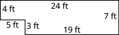 This is a rectangle-like image with six sides. Starting from the top left of the figure, the first line runs right for 24 feet. From the end of this line, the second line runs down for 7 feet. Then the third line runs left from this point for 19 feet. The fourth line runs up 3 feet. The fifth line runs left for 5 feet. The sixth line runs up for 4 feet, connecting it at a corner with start of the first line.