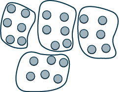 An image showing 24 circles, grouped into 4 groups of 6 by irregular shapes drawn around the circles. 