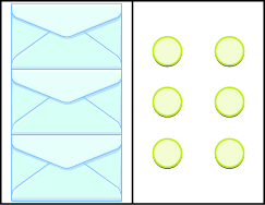 This image has two columns. In the first column there are three envelopes. In the second column there are two vertical rows. The first row includes three green circles, the second row includes three green circles.