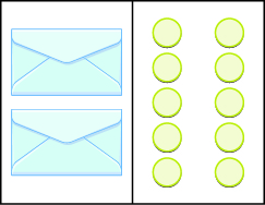 This image has two columns. In the first column there are two envelopes. In the second column there are two vertical rows. The first row includes five green circles, the second row includes five green circles.