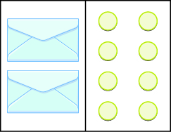 This image has two columns. In the first column there are two envelopes. In the second column there are two vertical rows. The first row includes four green circles, the second row includes four green circles.