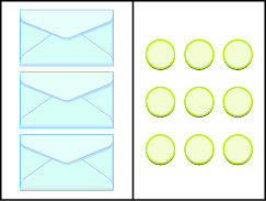 This image has two columns. In the first column there are three envelopes. In the second column there are three vertical rows. The first row includes three green circles, the second row includes three green circles, and the third row includes three green circles. 