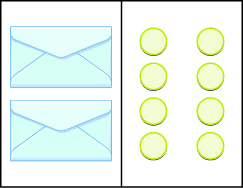 This figure has two columns. In the first column there are two envelopes. In the second column there are two vertical rows, each includes four blue circles.