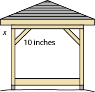 A picture of a gazebo is shown. Beneath the roof is a rectangular shape. There are two braces from the top to each side. The brace on the left is labeled as 10 inches. From where the brace hits the side to the roof is labeled as x.