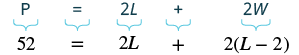 Plugging in 52 for perimeter and L minus 2 for width into the equation perimeter P equals 2 times length plus 2 times width results in the following: 52 equals 2 times L plus 2 times L minus 2.