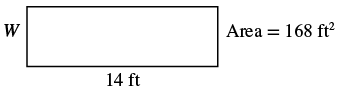 A rectangle with length 14 feet, width W, and Area 168 square feet.