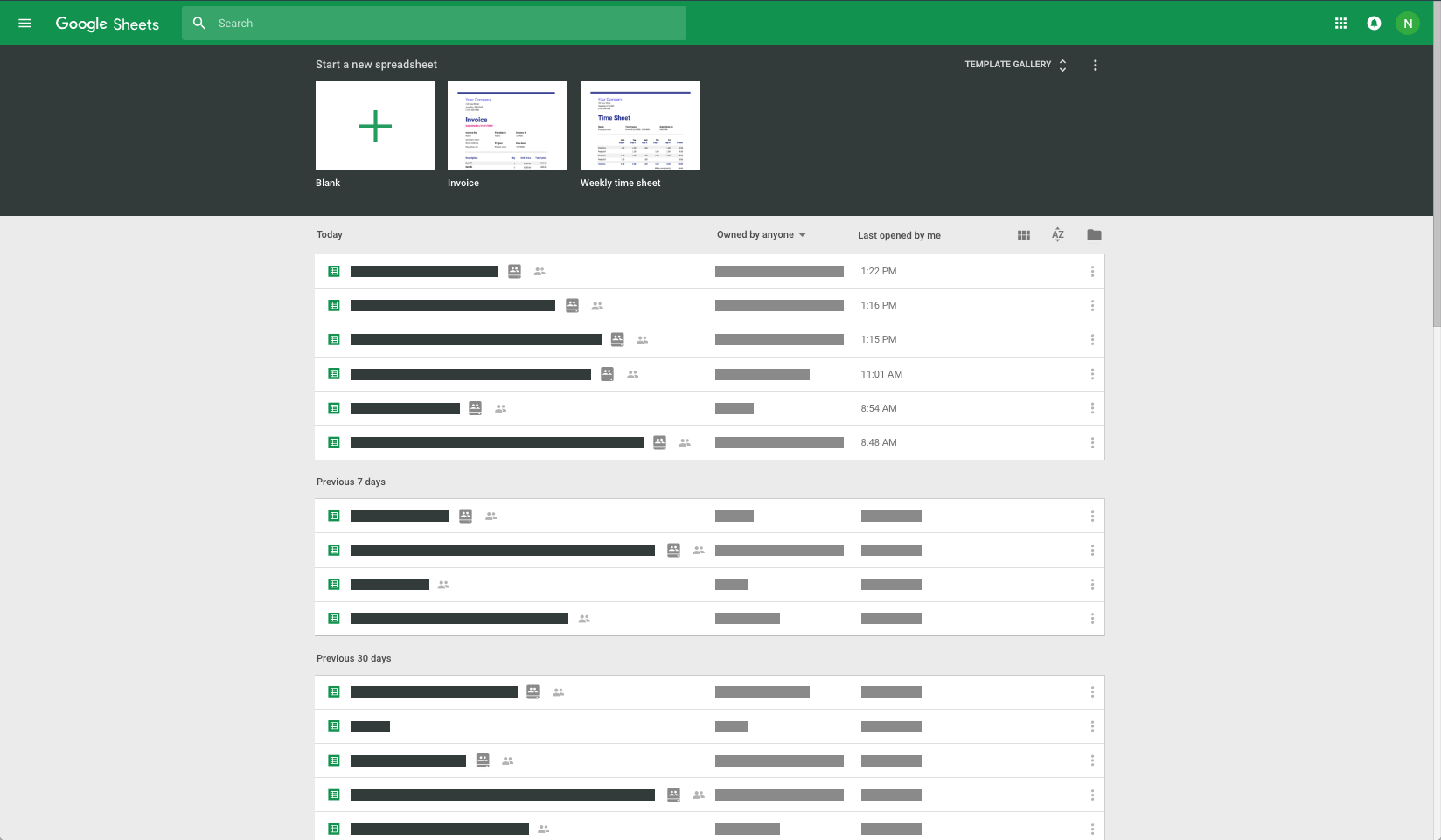 Screenshot of the Google Sheets home page. 