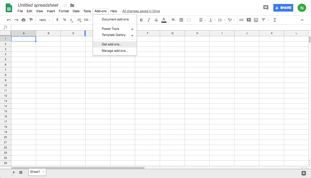 Screenshot of a blank Google Sheets spreadsheet with the Add-ons drop down menu shown. 