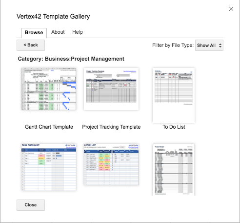 Screenshot of the Vertex42 Template Gallery.