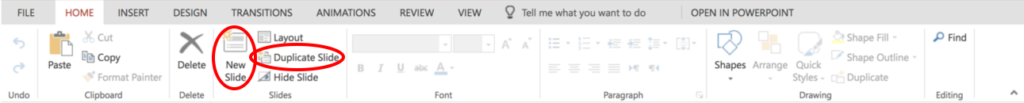 Screenshot of Home Tab in PowerPoint. Red circles indicate icons used to add new slides or duplicate a slide.
