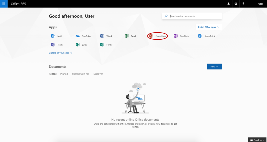 A screenshot of the landing page for Office 365. The PowerPoint icon is circled.