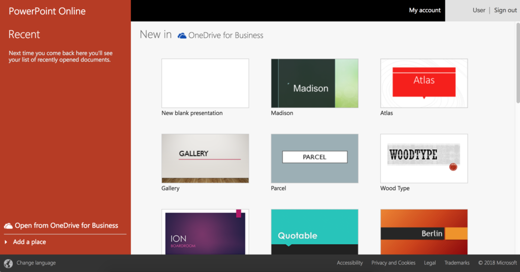 A screenshot of PowerPoint Online's template gallery. A sidebar shows recently used templates, while the main screen shows a 3 wide grid of different templates.