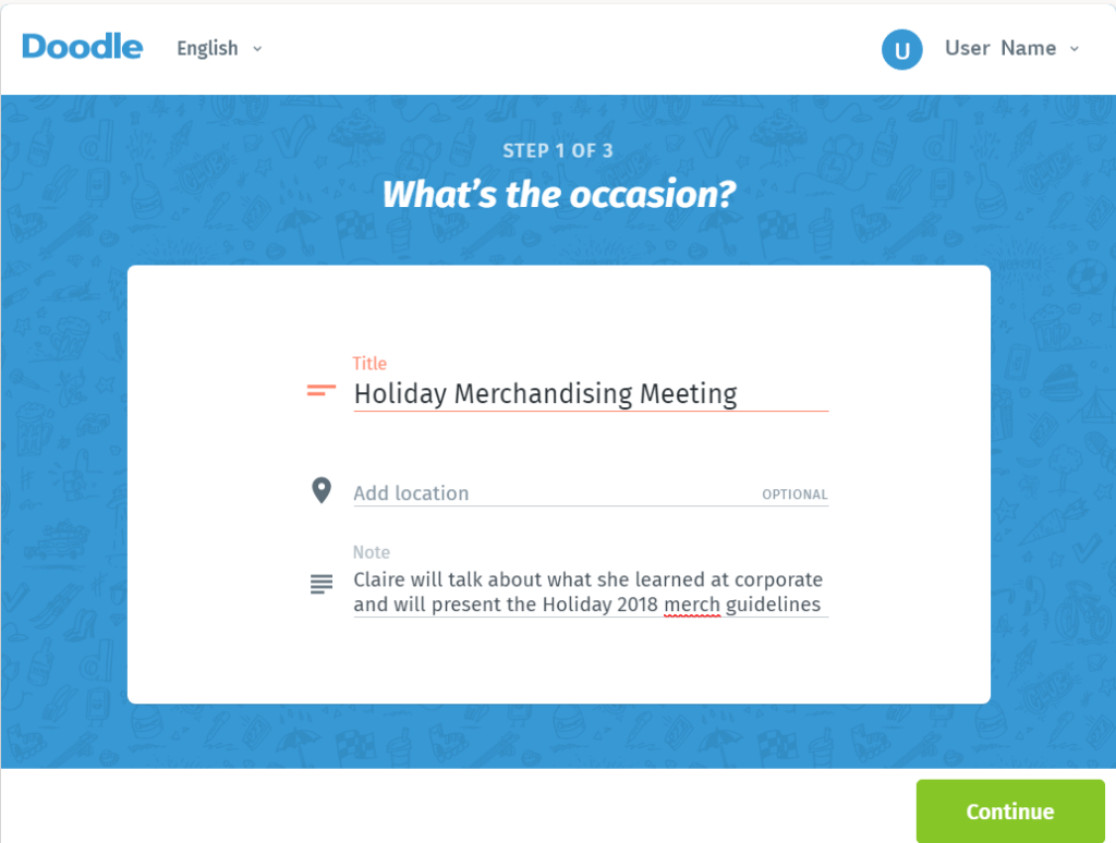 A screenshot of the website Doodle, a scheduling platform. The page is titled "What's the occasion?".