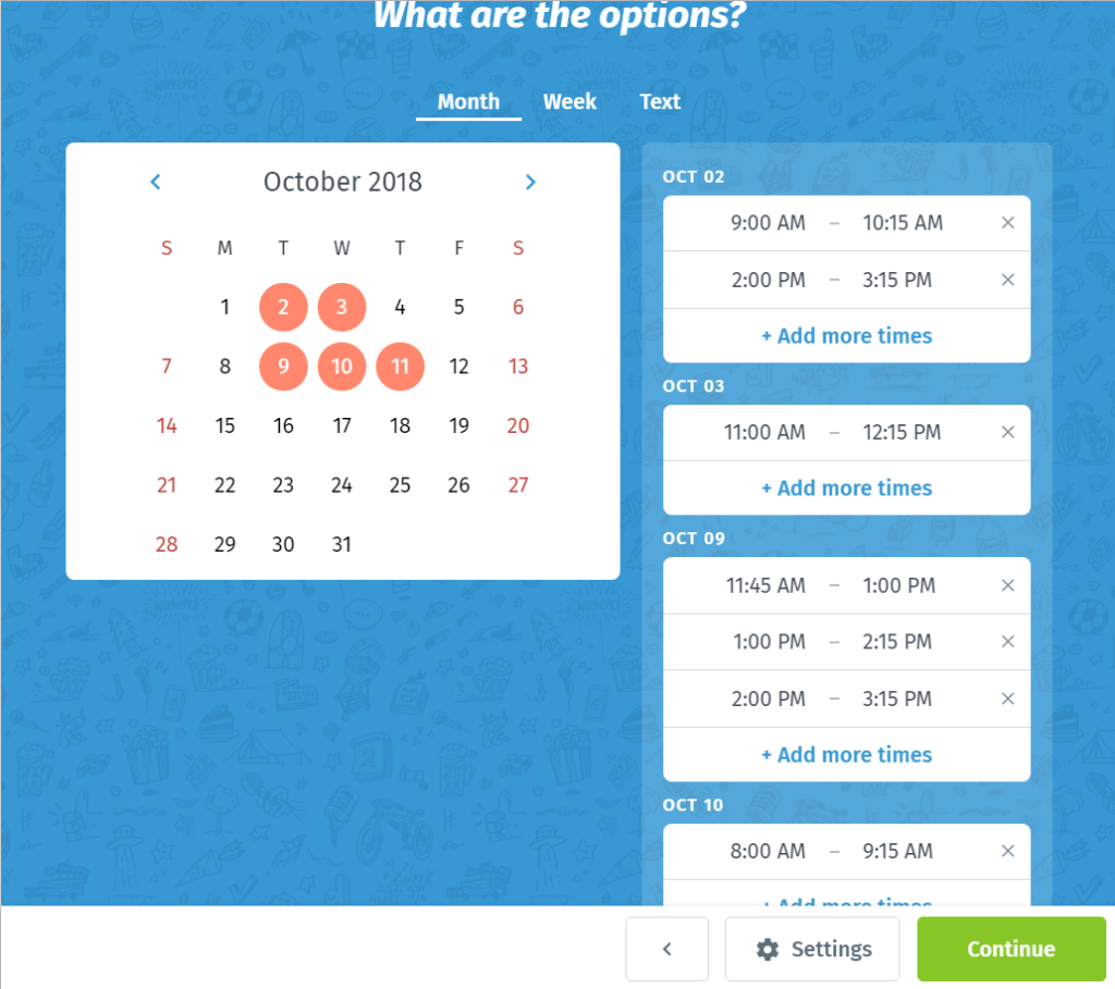 A screenshot of the scheduling platform Doodle, with the title of the page being, "What are the options?". Times as well as dates are listed. 