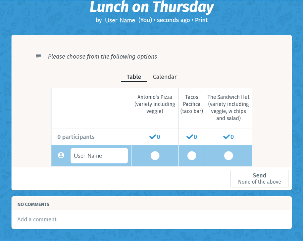 A screenshot from the scheduling platform Doodle. The page shows the event titled "Lunch on Thursday" and a poll with options as to where the location for lunch will be.