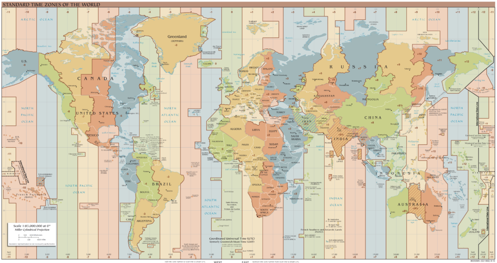 World map depicting the Standard World Time Zones. 