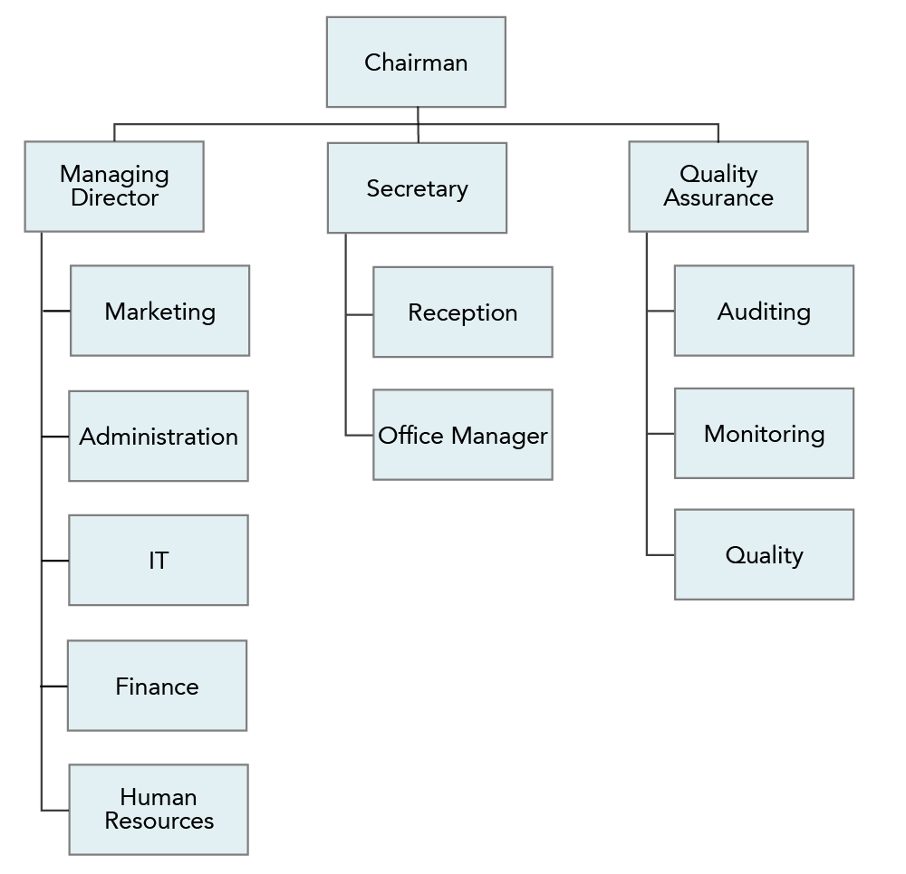 An organizational chart. "Chairman" is at the top. The left column consists of "managing director, marketing, administration, IT, finance, and human resources". The middle column consists of "secretary, reception, and office manager". The right column consists of "quality assurance, auditing, monitoring, and quality". 