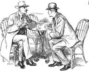 Drawing of two men sitting at a cafe table talking.  They are wearing period dress (bowlers, suits, bow ties).