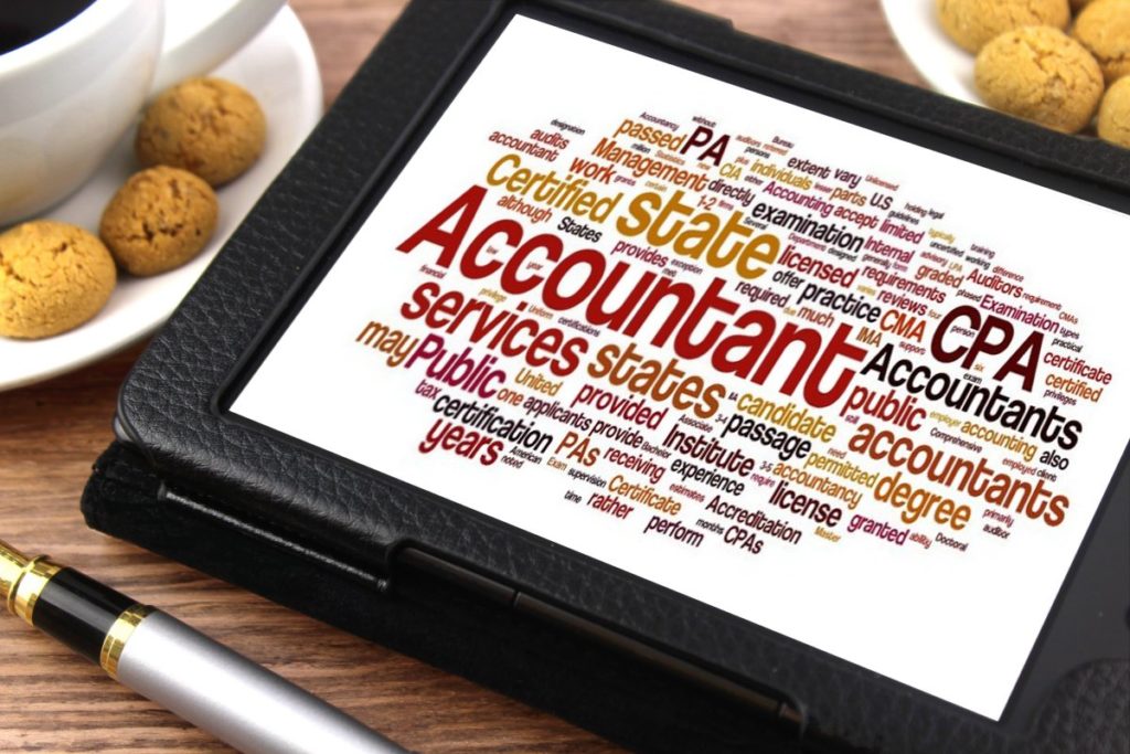A collage of words describing accounting displayed on an iPad.
