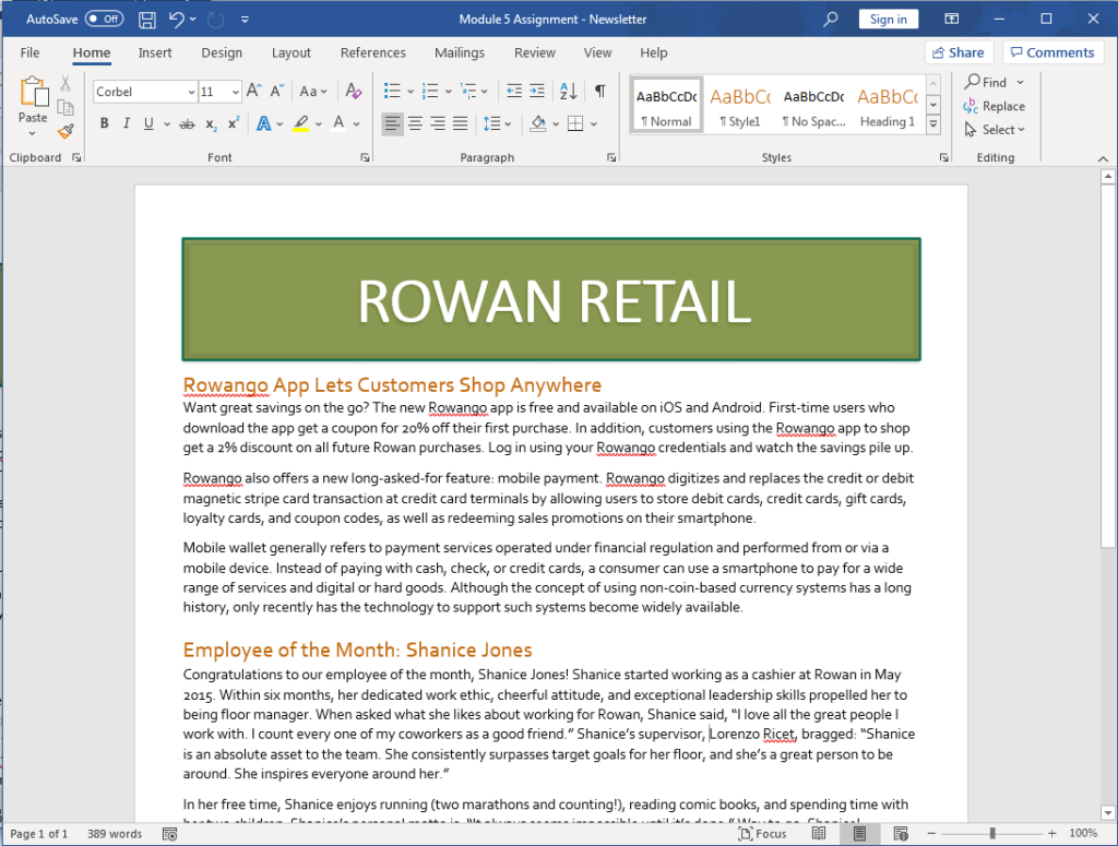 A Word document is open showing the Rowan Retail newsletter.