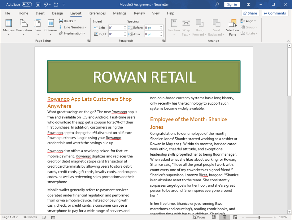 A Word document is open showing the Rowan Retail newsletter. The body of the newsletter has two columns.