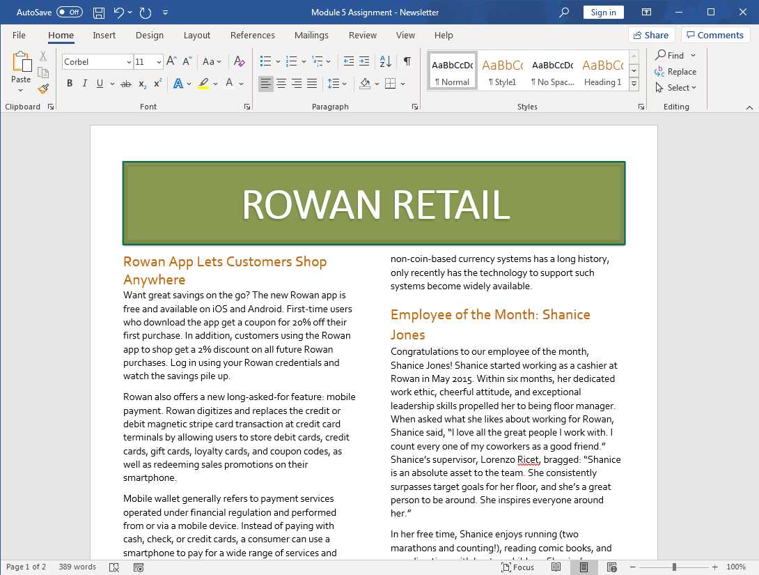 A Word document is open showing the Rowan Retail newsletter. The newsletter says "Rowan" instead of "Rowango" throughout.