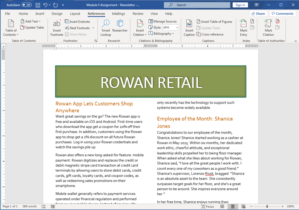 A Word document is open showing the Rowan Retail newsletter. The title of the newsletter has a shadow effect.