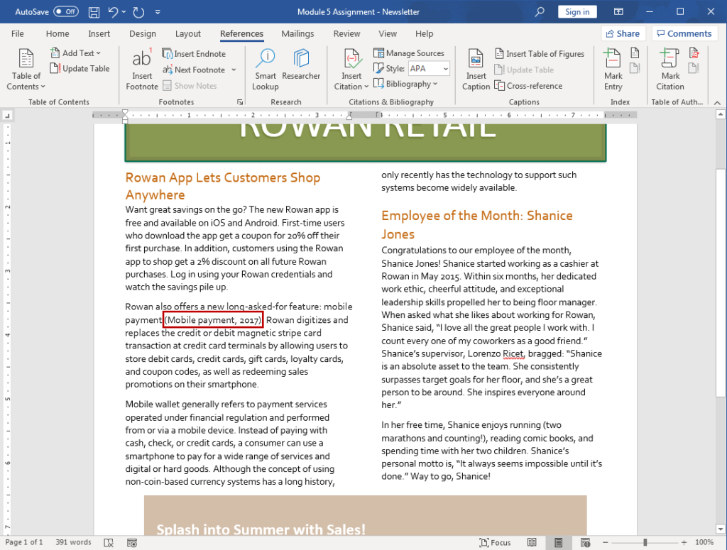 A Word document is open showing the Rowan Retail newsletter. A citation for Wikipedia (Mobile payment) in the second paragraph is highlighted.