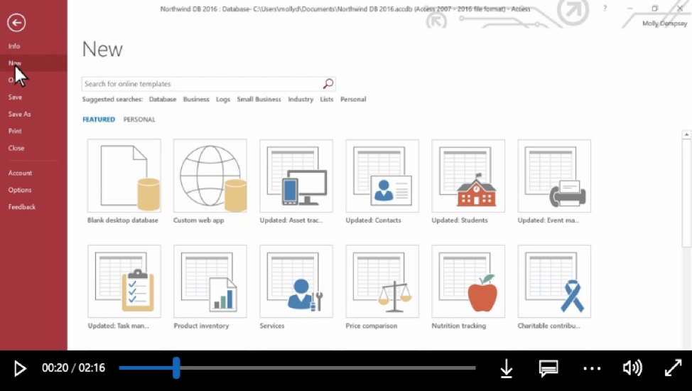 Microsoft Access File tab open with the cursor hovering over the "New" button.