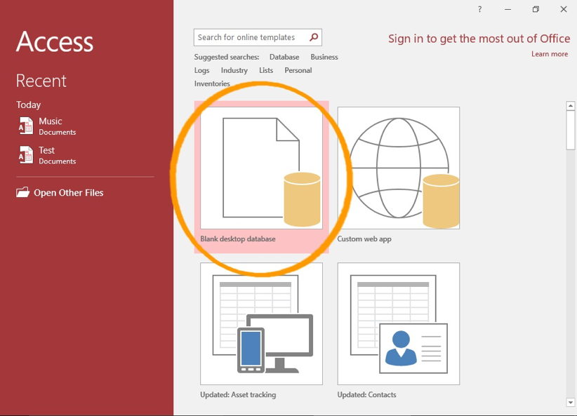 Microsoft Access Welcome Screen with "Blank desktop database" button circled.