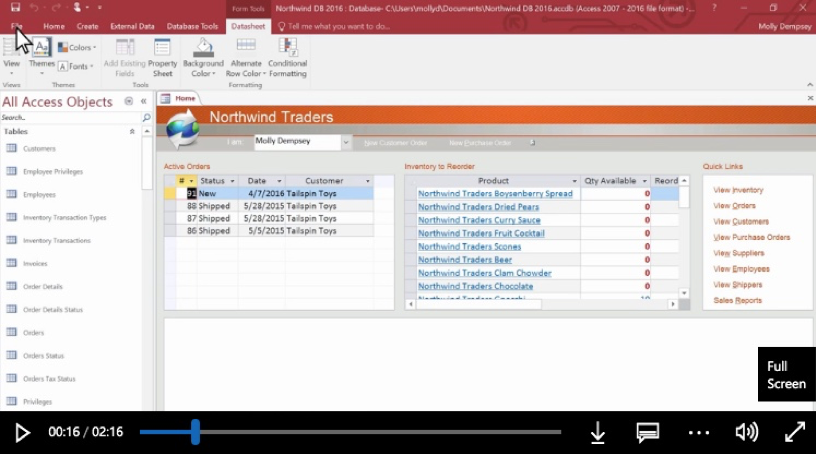 Microsoft Access datasheet with cursor hovering over the "File" tab in the upper left corner.