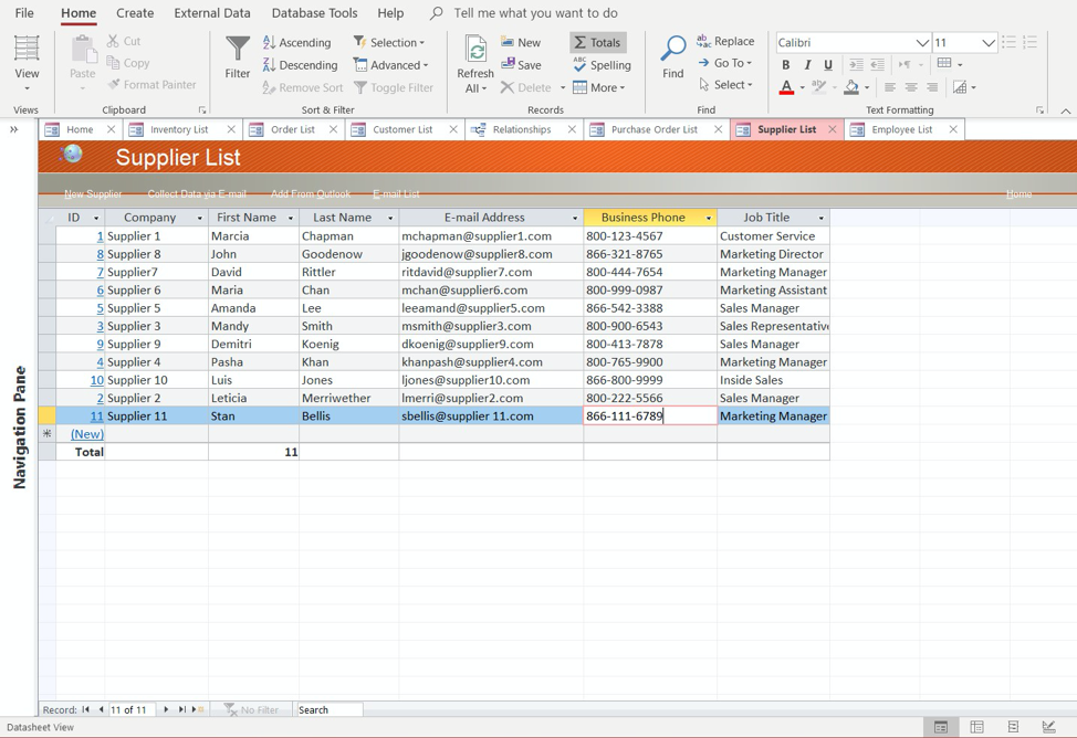 Microsoft access datasheet view.