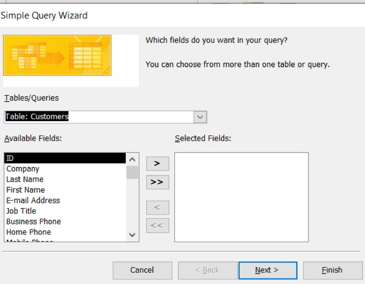 Simple Query Wizard window open showing the following items: Text that reads "Which fields do you want in your query? You can choose from more than one table or query." A drop down menu with the label "Tables/Queries" and "Table: Customers" selected in that dropdown menu. Two additional boxes labeled Available Fields and Selected Fields. There are a series of buttons positioned between Avalible Fields and Selected fields that allow the user to move fields in and out of "Selected Fields". "ID" is selected in Available Fields and no fields have been moved to the Selected Fields.