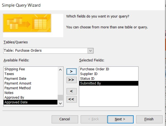 Simple Query Wizard window. In the Tables/Queries dropdown menu, "Table: Purchase Orders" is selected. "Selected Fields" include Purchase Order ID, Supplier ID, Status ID, and Submitted By.