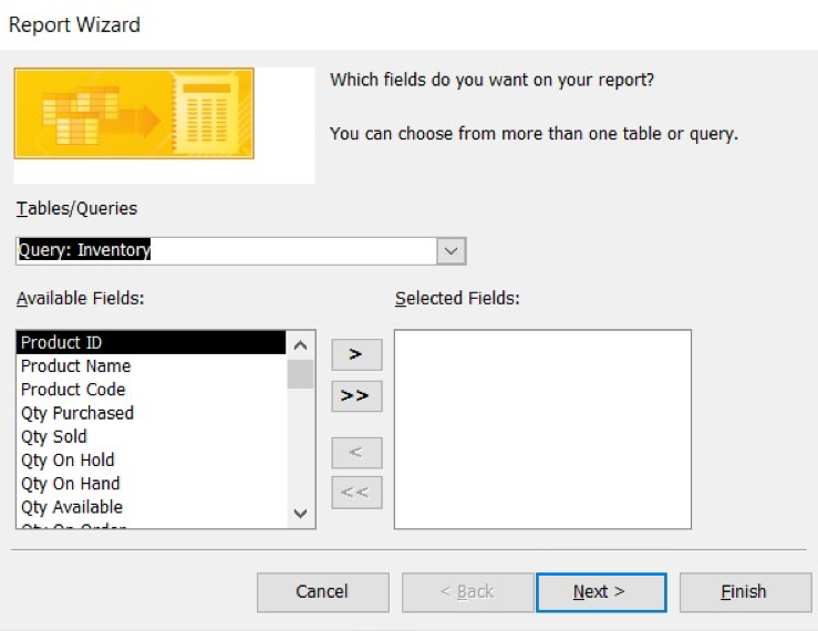 A Report Wizard Dialog Box. Under Tables/Queries Query: Inventory is selected.