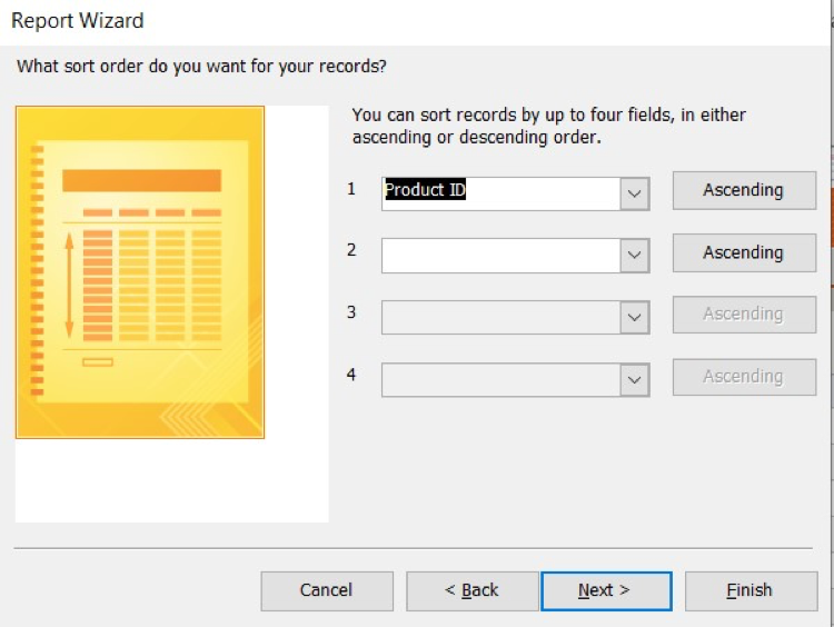 A Report Wizard Dialog Box. It asks "What sort order do you want for your records?" Product ID will be sorted by Ascending order. 