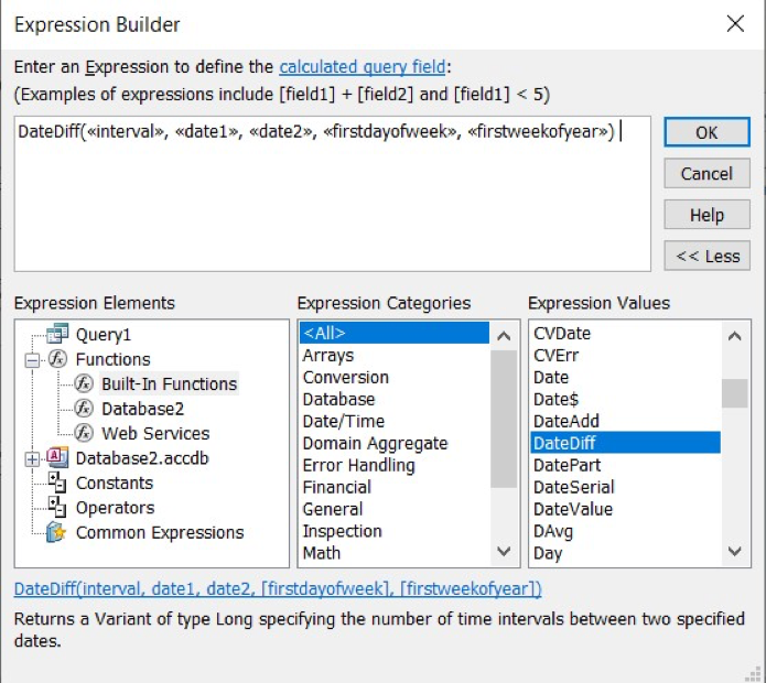 Expression Builder dialog box. The Expression box has been filled with the expression "DateDiff(<<interval>>, <<date1>>, <<date2>>, <<firstdayofweek>>, <<firstweekofyear>>)