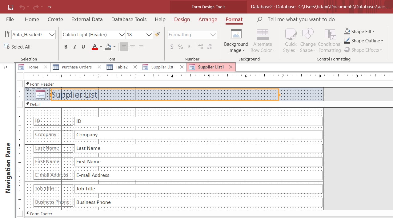 A Microsoft Access database is open showing a Form titled Supplier List with seven fields.