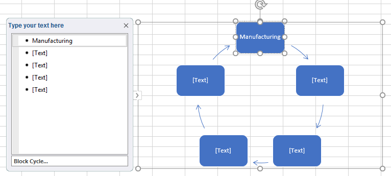 Excel screenshot of SmartDesign Graphic close up of adding text to a graphic in both the graphic and the text box menu.