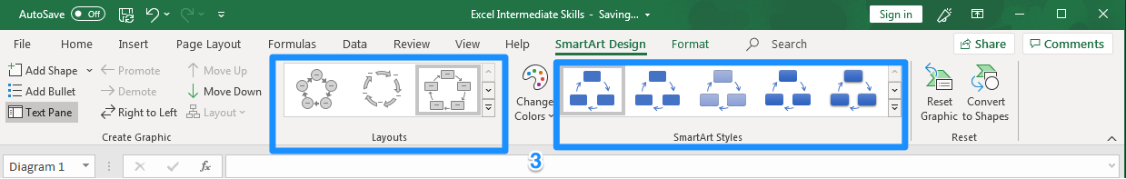 Excel screenshot of SmartDesign Graphic menu graphic layouts, styles, and colors. 