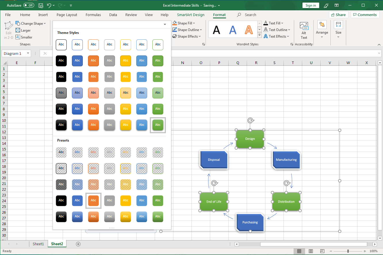 Excel screenshot of Format tab, Theme Styles options for graphics.