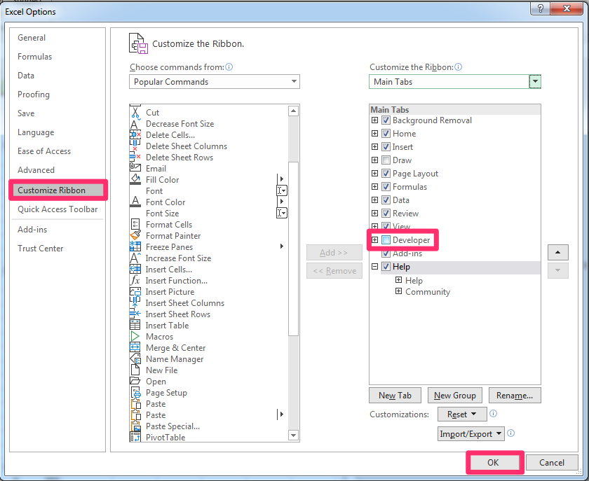 Screenshot of Excel Options window highlighting actions to make Developer tab visible.