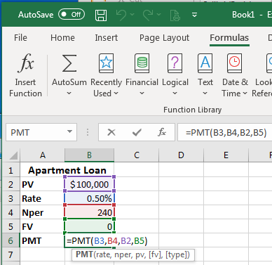 Excel screenshot the PMT data after double clicking on the formula cell. All of the corresponding cells associated within the formula have colors corresponding to their place in the formula. 