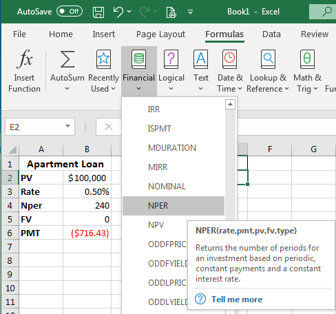 Excel screenshot of dropdown menu for Financial formulas in Excel's Formulas tab. Highlighting the NPER option.