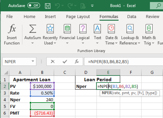 Excel screenshot of NPER data after double clicking on the formula cell. The formula cells have colors corresponding to their place in the formula. 