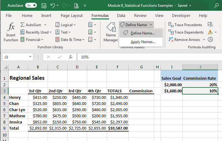 Excel screenshot of the define names button under the Formulas tab.