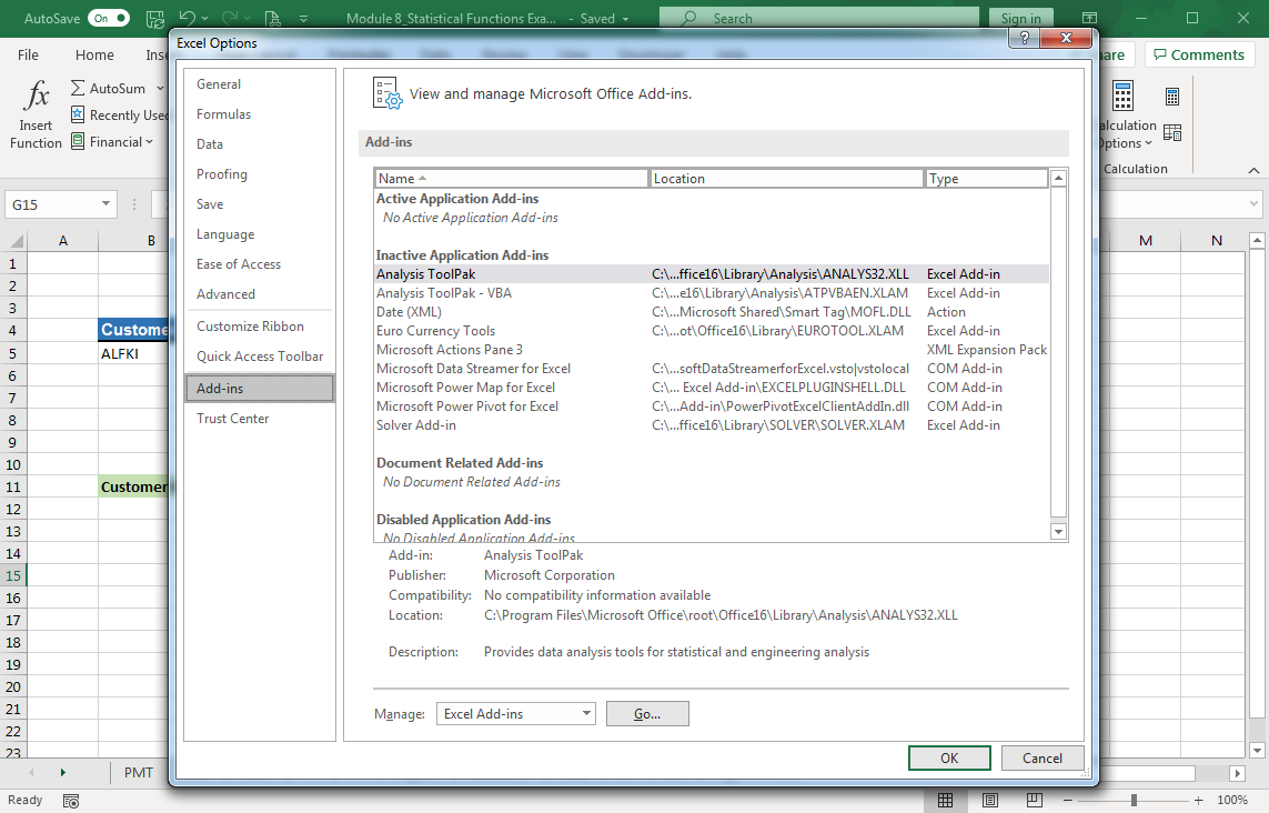 Excel screenshot of Options window with the Add-ins view selected. See what add-ins are active, inactive or disabled. 